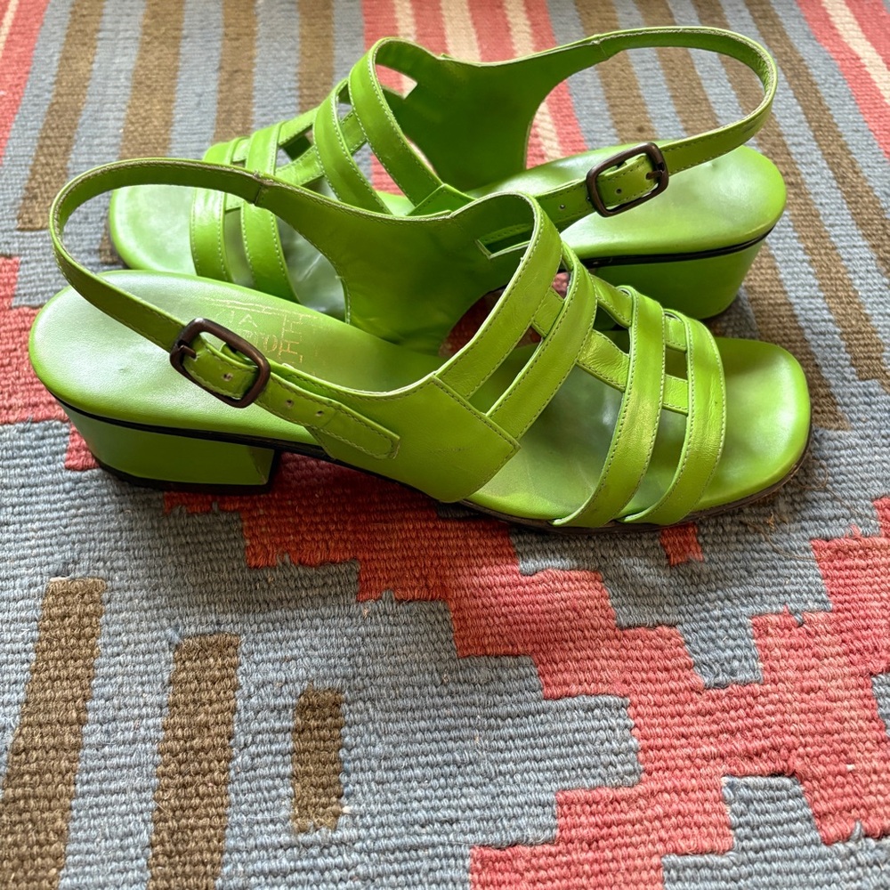 Vtg 60s 70s Lime Green Leather Strappy Heeled Sandals 6-6.5 made in italy
